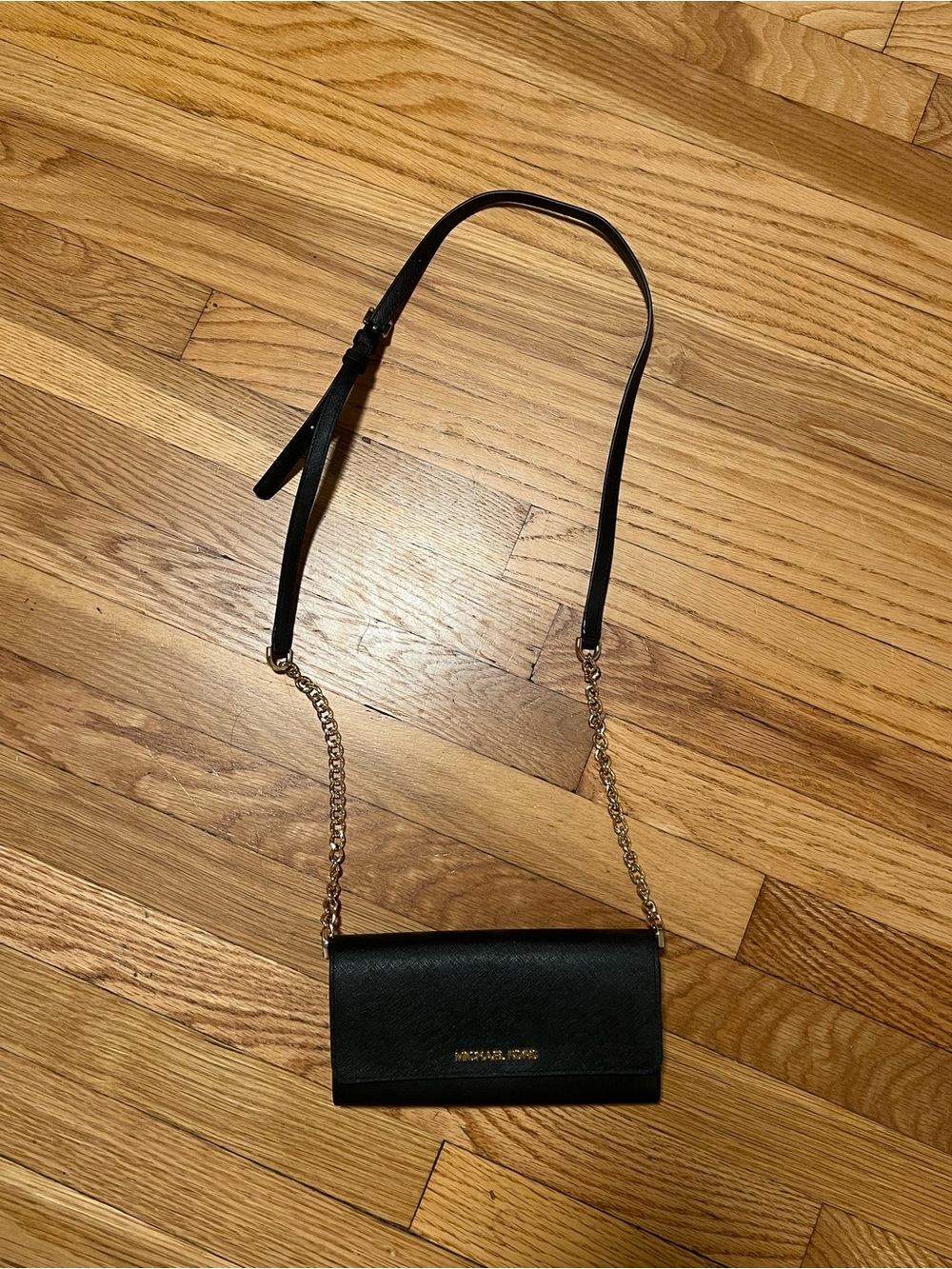 Michael Kors Black Saffiano Leather Wallet Crossbody Bag Gold Chain